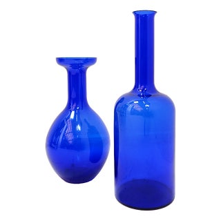 Vintage Handblown Cobalt Blue Glass Vases, Set of 2 For Sale