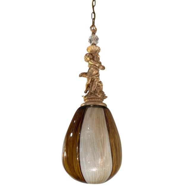 Murano Art Glass Aventurine Ovoid Shade With a Cherub Sculpture Pendant Light For Sale - Image 14 of 18