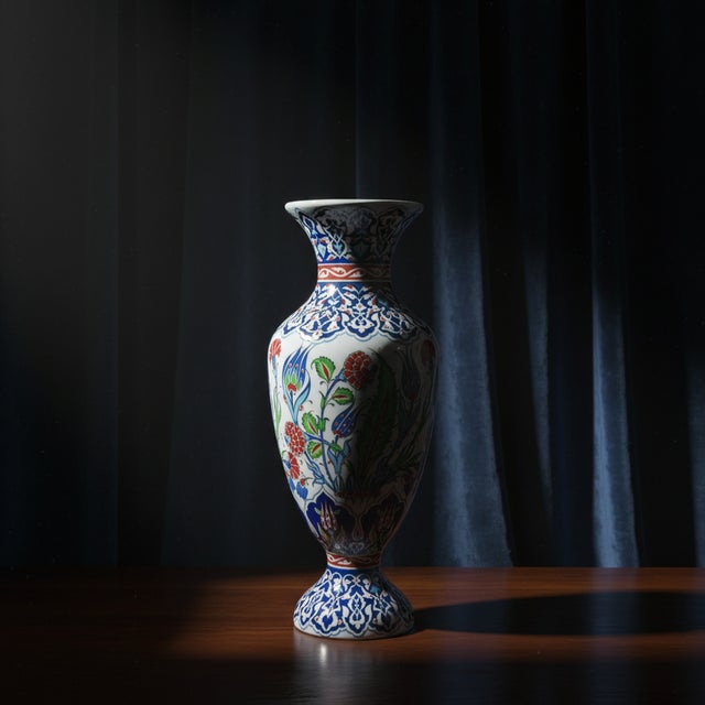 Handmade Ceramic Palace Vase (50cm) Stylized Red Roses and Rumi Borders Pedestal Urn For Sale - Image 4 of 8