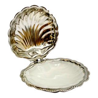 Vintage Silver-Plated Shell Butter Dish & Caviar Server With Milk Glass Liner For Sale