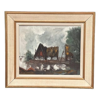 Jeams, Cabin by the Water, 1960s, Oil Painting on Panel, Framed For Sale