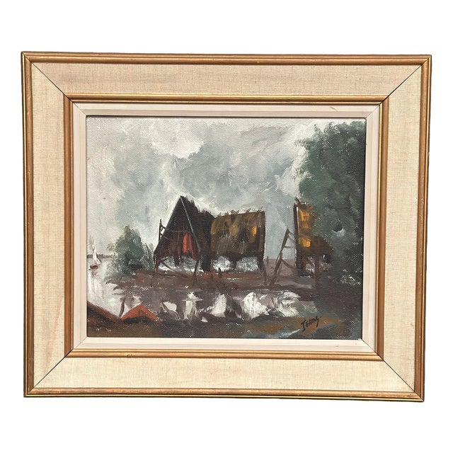 Jeams, Cabin by the Water, 1960s, Oil Painting on Panel, Framed For Sale