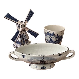 Vintage Windmill Collection Delft Blue Pottery - Earthenware Porcelain Netherlands- 3 Pieces For Sale