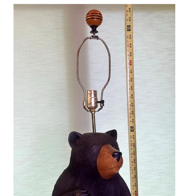 Burnt Umber Late 20th Century Rare Rustic Carved Wooden Standing Bear Lamp With Intricate Details For Sale - Image 8 of 15
