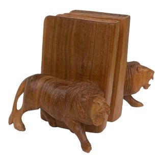 Carved Wood Lion Bookends, Vintage Pair, Safari Theme Animal Decor For Sale