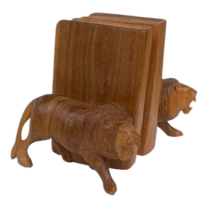 Vintage Bookends, Carved Wood Lions, Pair