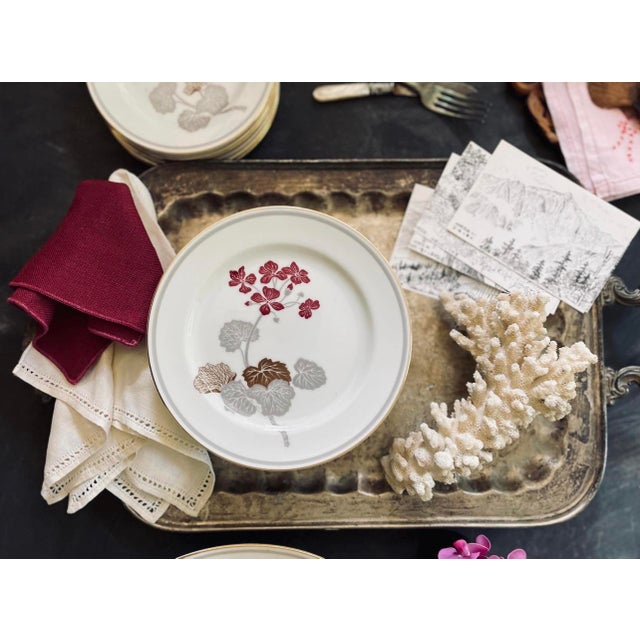 Ceramic Vintage Noritake Geranium Burgundy and Gray 10” Dinner Plates - Set of Nine (9) For Sale - Image 7 of 9