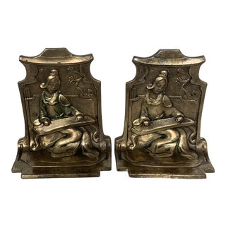 1920s Antique Chinoiserie Bronze Madrigale Bookends by Pompaian-a Pair For Sale