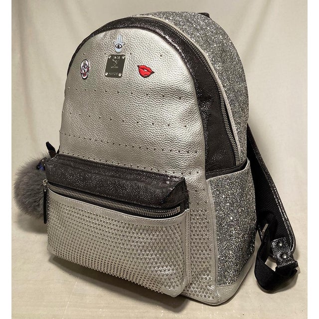 Special Edition Silver Leather Swarovski Crystal Backpack with Rabbit Charm For Sale - Image 10 of 12