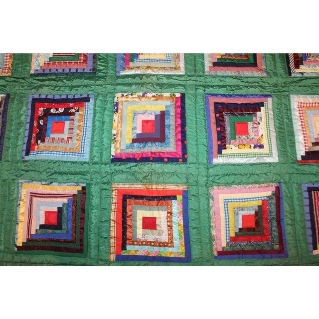 Folk Art Green Satin Log Cabin Quilt For Sale - Image 3 of 7