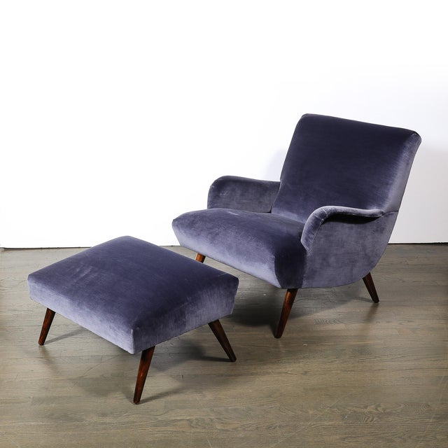 Wood Mid-Century Lounge Chair & Ottoman in Aubergine Velvet & Tapered Walnut Supports For Sale - Image 7 of 17