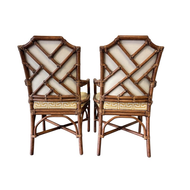 Hollywood Regency Palecek Pavilion Rattan Armchairs, Pair, Custom Greek Key Fabric, Hollywood Regency Style For Sale - Image 3 of 12