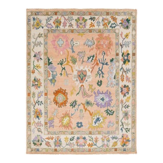 Contemporary Hand-Knotted Oushak Style Wool Rug in Soft Peach, Lavender & Ochre For Sale