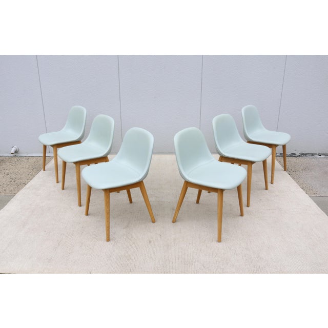 Wood Danish Iskos-Berlin for Muuto Blue Leather Fiber Side Chairs Wood Base, Set of 6 For Sale - Image 7 of 18