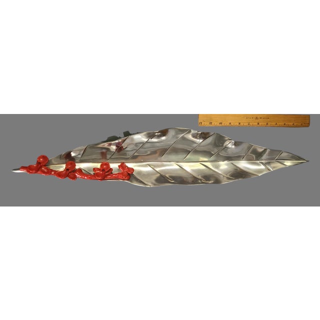 Late 20th Century Metal Leaf Shaped Enamel Red Flowers Decorative Centerpiece Tray For Sale - Image 9 of 10