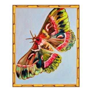 Moth Original Oil Painting, Pink and Green, Faux Bamboo Frame by Tatiana Duperault For Sale