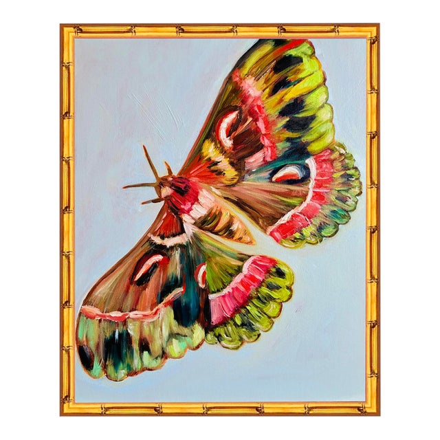 Moth Original Oil Painting, Pink and Green, Faux Bamboo Frame by Tatiana Duperault For Sale