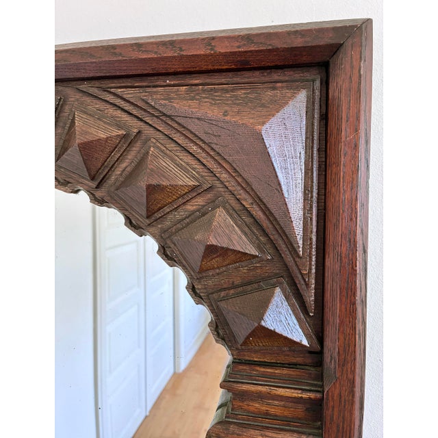 Wood Antique Spanish Revival Oak Wall Mirror With Geometric Carving For Sale - Image 7 of 11