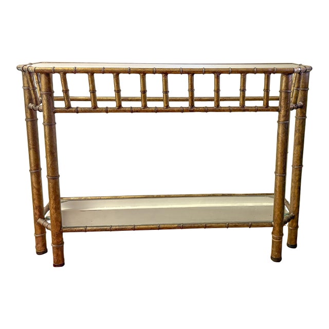 1960s Vintage Metal Faux Bamboo and Glass Console Sofa Table For Sale