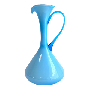 Italian Art Glass Pitcher Sky Blue Cased Glass Turquoise Vessel Attributed to Empoli Italy