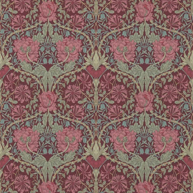 Morris & Co Honeysuckle & Tulip Wallpaper in Burgundy/Sage For Sale