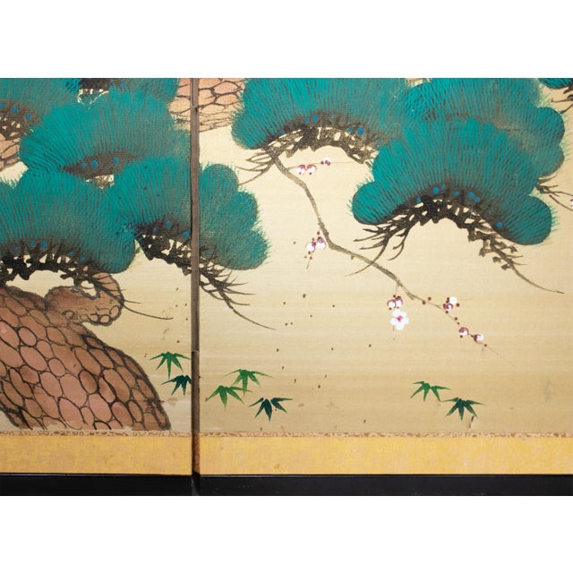C. 1960s Showa Era Japanese Painted Silk Byobu Screen "Evergreen Pine Tree" For Sale - Image 14 of 18