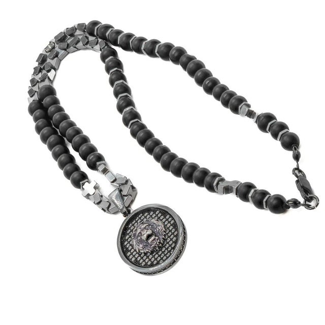 Glass Black Onyx and Silver Lion Men's Beaded Necklace For Sale - Image 7 of 8