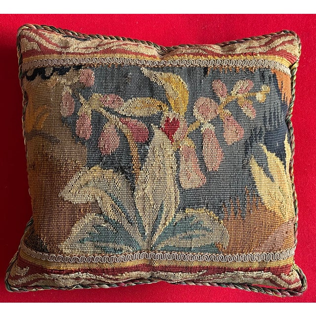 Tan Antique 19th Century French Aubusson Floral Botanical Tapestry Pillow For Sale - Image 8 of 8
