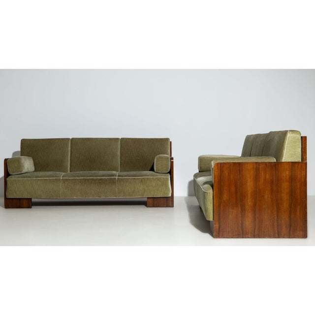Mid-Century Modern 1930-1939 France Deep Olive Green Pair Of Upholstered Sofas For Sale - Image 3 of 10