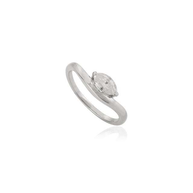 Contemporary Marquise Cut Diamond Contemporary Soliatire Ring Wave Band Size 6.5 in 14k White Gold For Sale - Image 3 of 14