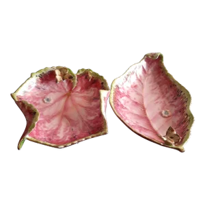 1970s Lefton Handpainted Porcelain Leaf Shaped Trinket Holders Set of 2