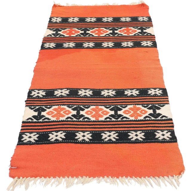 Tribal Vintage Orange-Vermillion Cretan Greek Kilim Rug - 01'05 X 04'01 For Sale - Image 3 of 9
