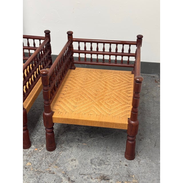 Indian Vintage Rush Seat Low Chairs, Pair For Sale - Image 11 of 12