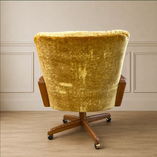 Vintage Mustard Velvet & Sculpted Walnut Exec Game Chair For Sale - Image 4 of 4