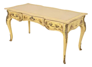 Karges French Louis XV Chinoiserie Cream Lacquered Leather Top Bureau Plat Desk With Mounted Bronze Ormolu