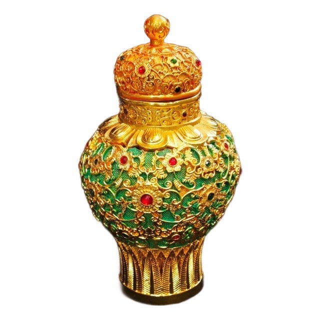 Ornate Gilt Ginger Jar, Green Enamel & Jewel Inlay Lidded Vessel, Chinoiserie Tabletop Decor For Sale