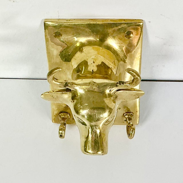 Mid 20th Century Mid-Century Boho Chic Farmhouse SoutwesternBrass Bull Wall Hooks - 3 Small Key, 1 Large Hook For Sale - Image 5 of 9