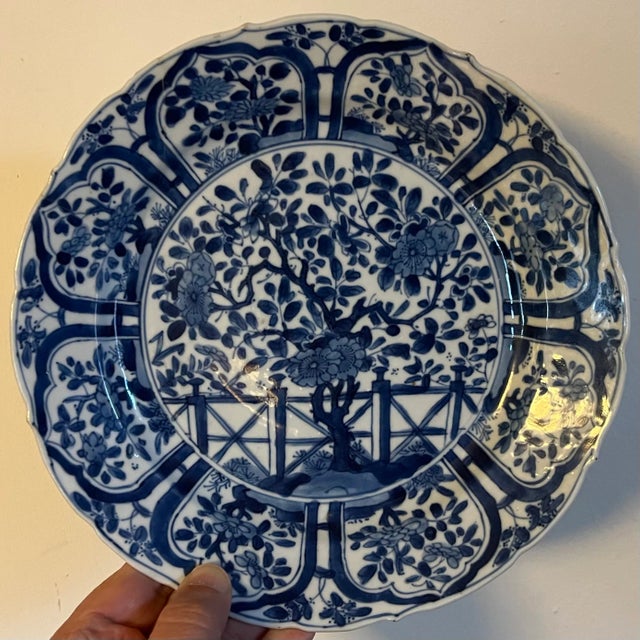 Antique 18th century Chinese Kangxi blue and white porcelain plate decorated with flowering prunus tree and garden fence....