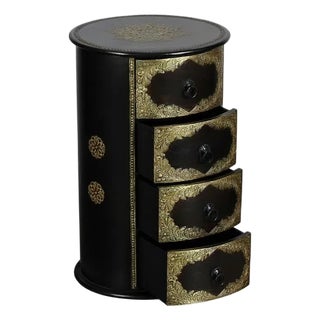 Mid 20th Century Art Deco Brown Wood Round End Table With 5 Drawers & Brass Accents – 1 Piece For Sale