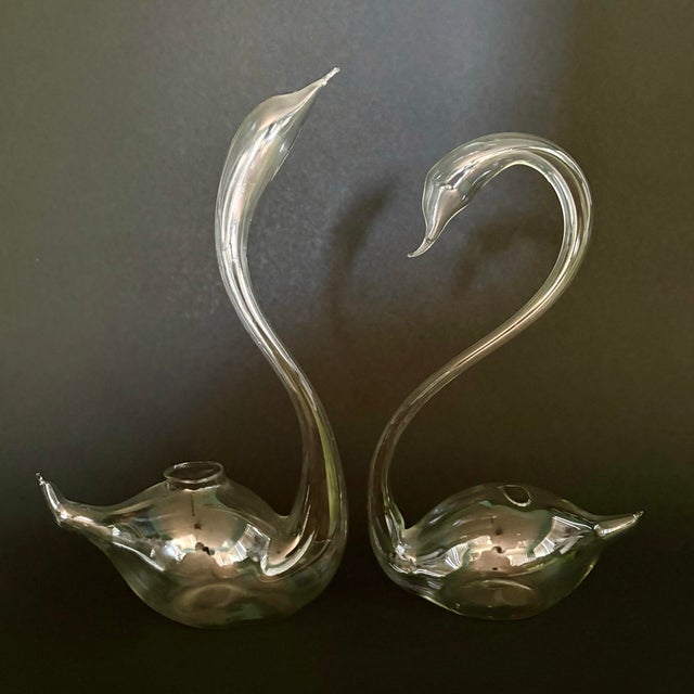 Transparent Vintage Pair of Delicate Glass Swan Bud Vases – Elegant Clear Figural Glass Decor For Sale - Image 8 of 9
