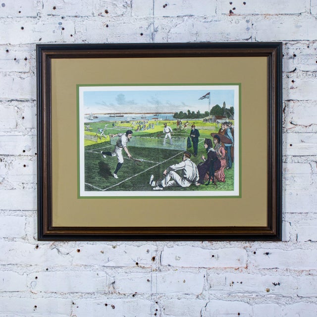 Illustration 1971 Hand Colored Lithograph Framed Art First National Lawn-Tennis Tournament in Staten Island, Ny For Sale - Image 3 of 18
