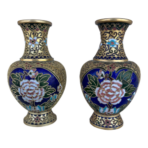 Late 20th Century Chinese Cloisonne Over Brass Enamel Vase With Floral Pattern - a Pair