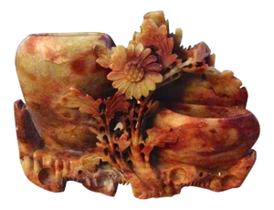 Antique 1800s Chinese Hand Carved Marbled Red Brown Floral Motif Brush Washer