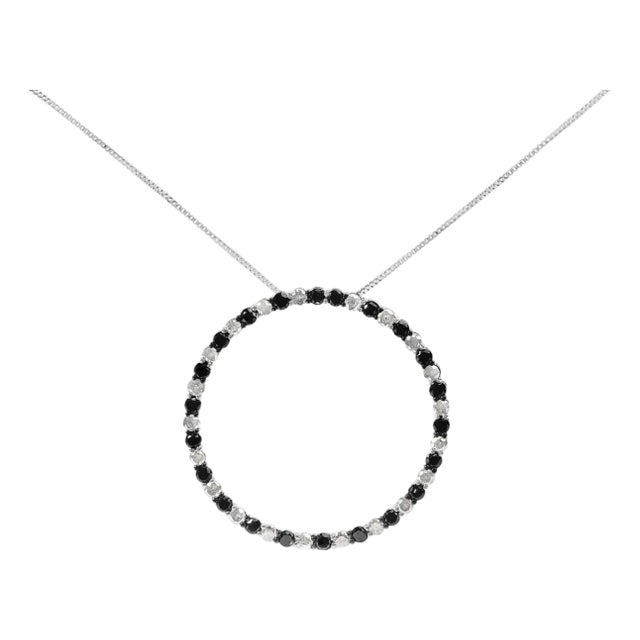 .925 Sterling Silver 3.0 Cttw Alternating Black and White Diamond Open Hoop Circle Pendant Necklace For Sale