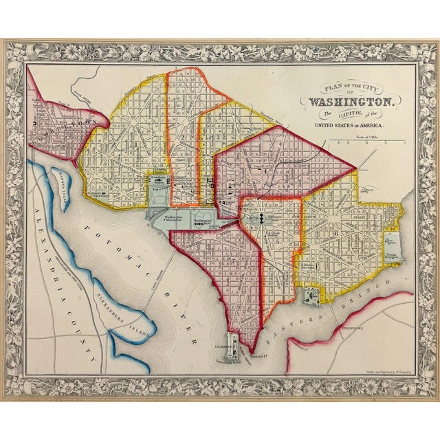 Antique map of Washington, D.C. carefully hand colored bringing warmth and charm to the engraving. This map features the...
