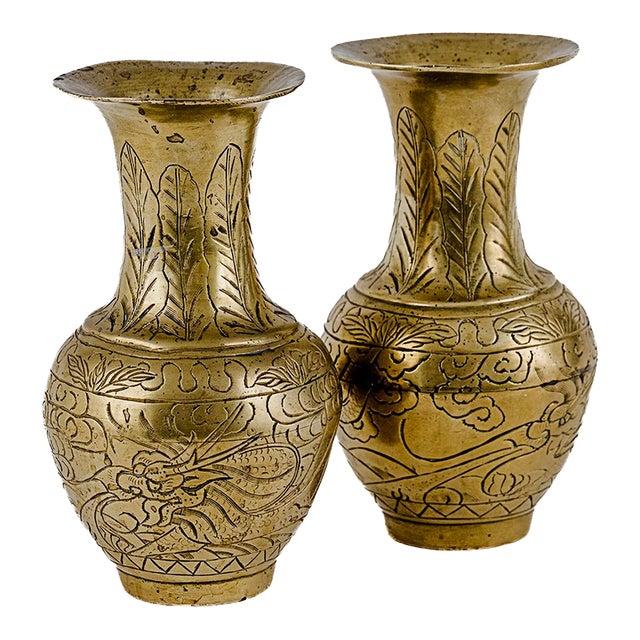 Pair of Vintage Chinese Etched Brass Vases For Sale