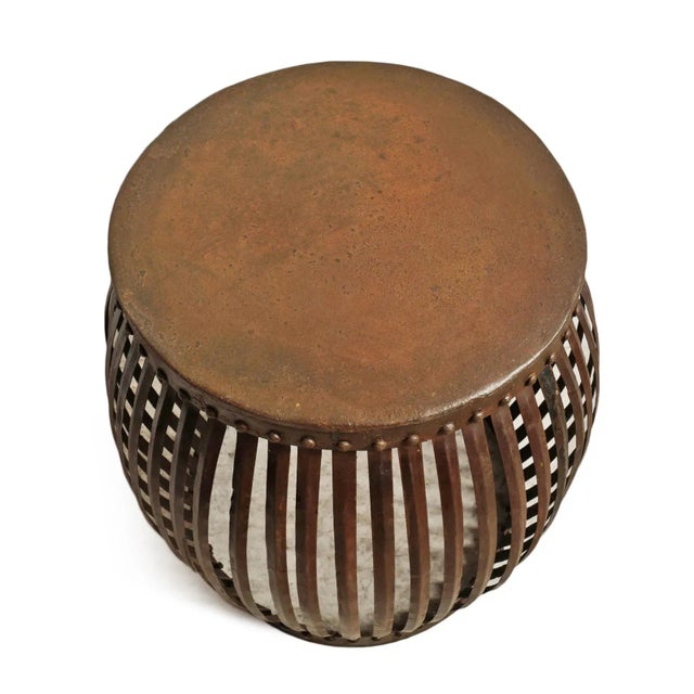 Vintage Farmhouse Industrial Iron Drum Strap Side Table For Sale - Image 4 of 10