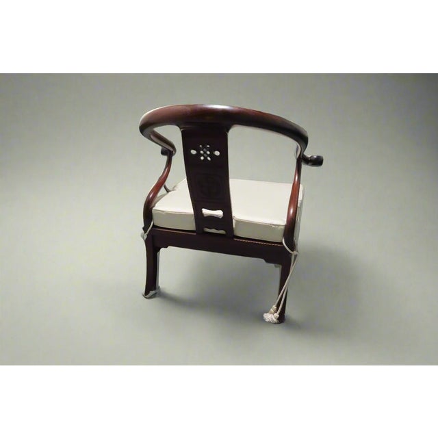 Asian Gorgeous 1950s Ming Style Dark Wood Horseshoe Chair With Scrolled Arms & Custom White Cushion For Sale - Image 3 of 10