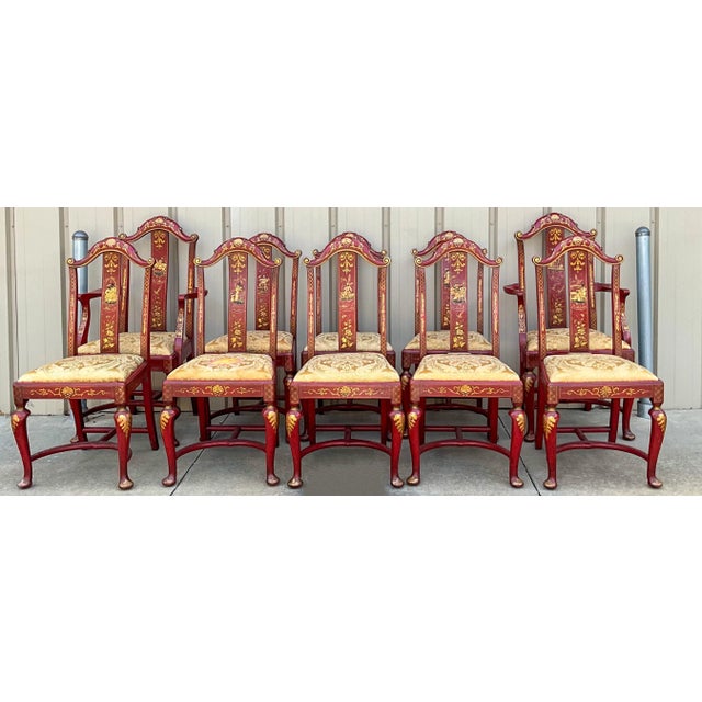 Early English Georgian Queen Anne Style Red & Gilt Chinoiserie Dining Chairs -S/10 For Sale - Image 12 of 13