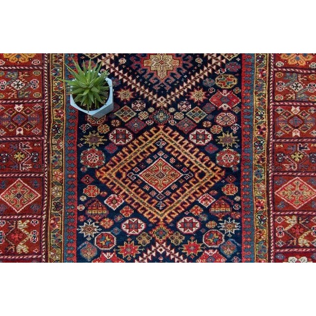 Traditional 1890s Antique Wide Geometric Botanical Red & Navy Hand Knotted Wool Pile Runner Rug - 4’7” x 10’9” For Sale - Image 3 of 11